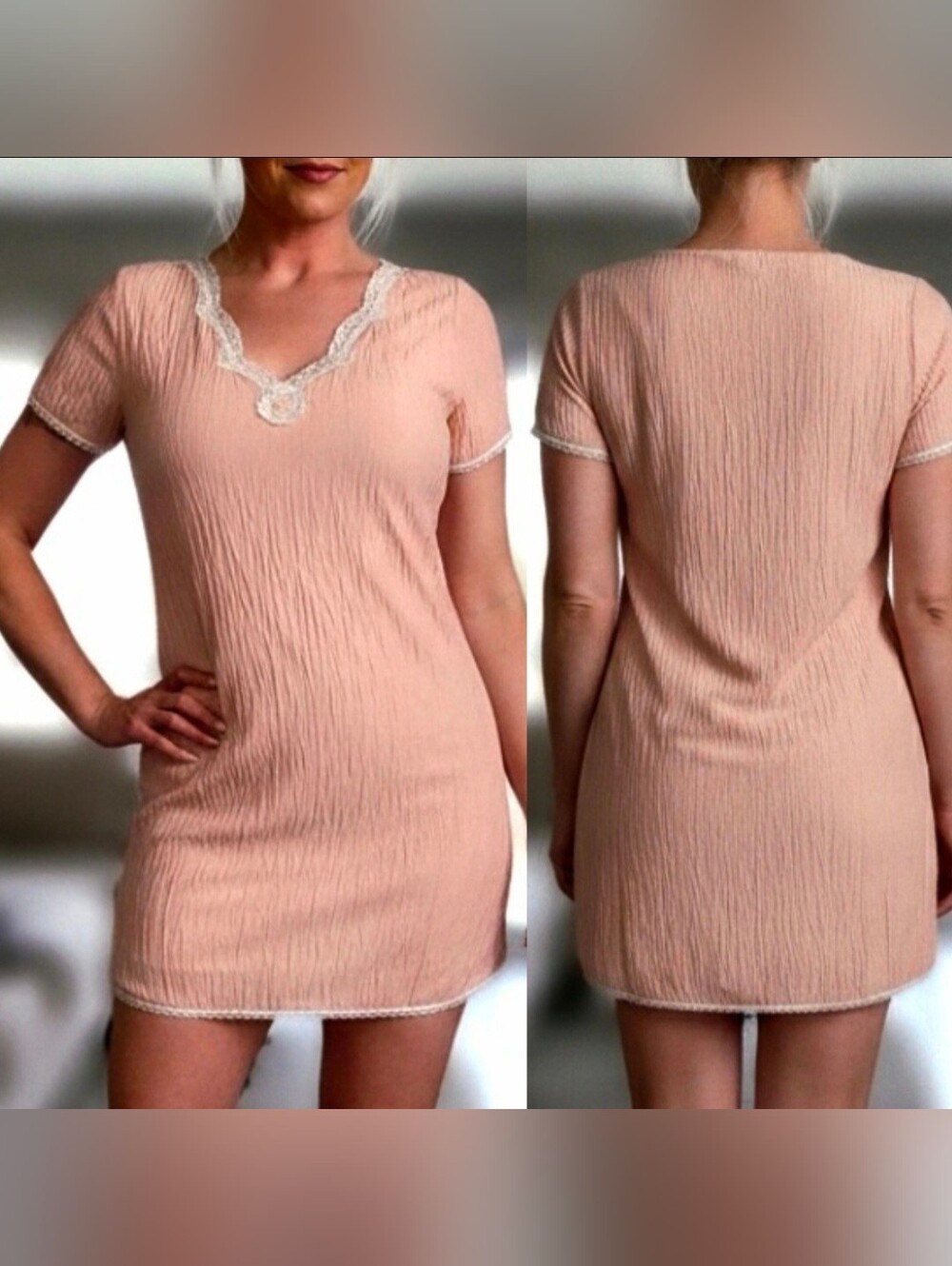 Vtg 80s Sleep Solut pink crinkle embroidered lace side slit sexy nightie L NWOT